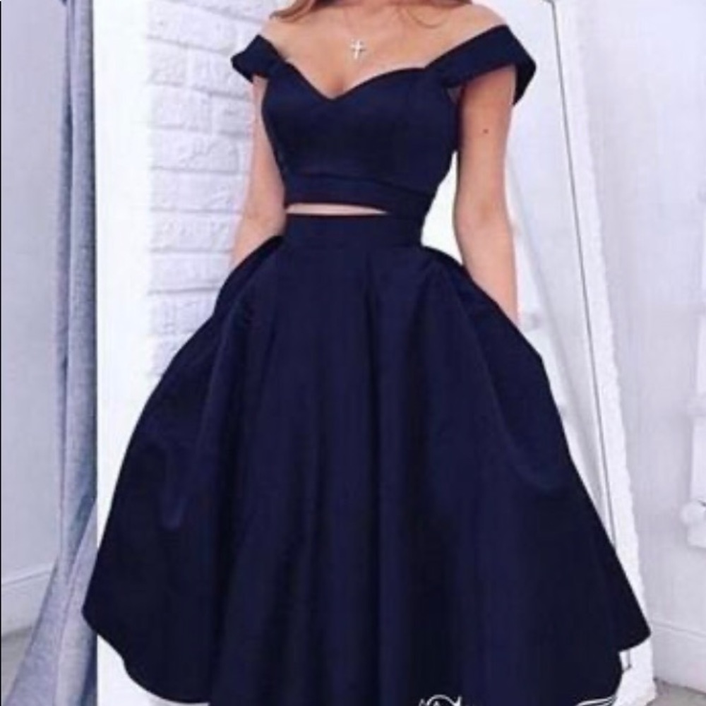 navy blue 2 piece prom dress